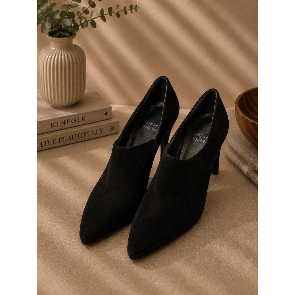 Stuart Weitzman Black Suede Pointed Toe Shootie Bootie Pump Heels Made in Spain